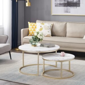 Set de 2 Tables Basses Rondes Marbre & Or