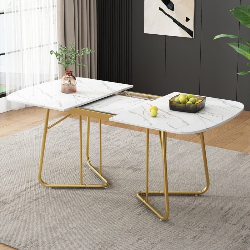 Table à Manger Extensible Marbre & Pieds Dorés – Image 3