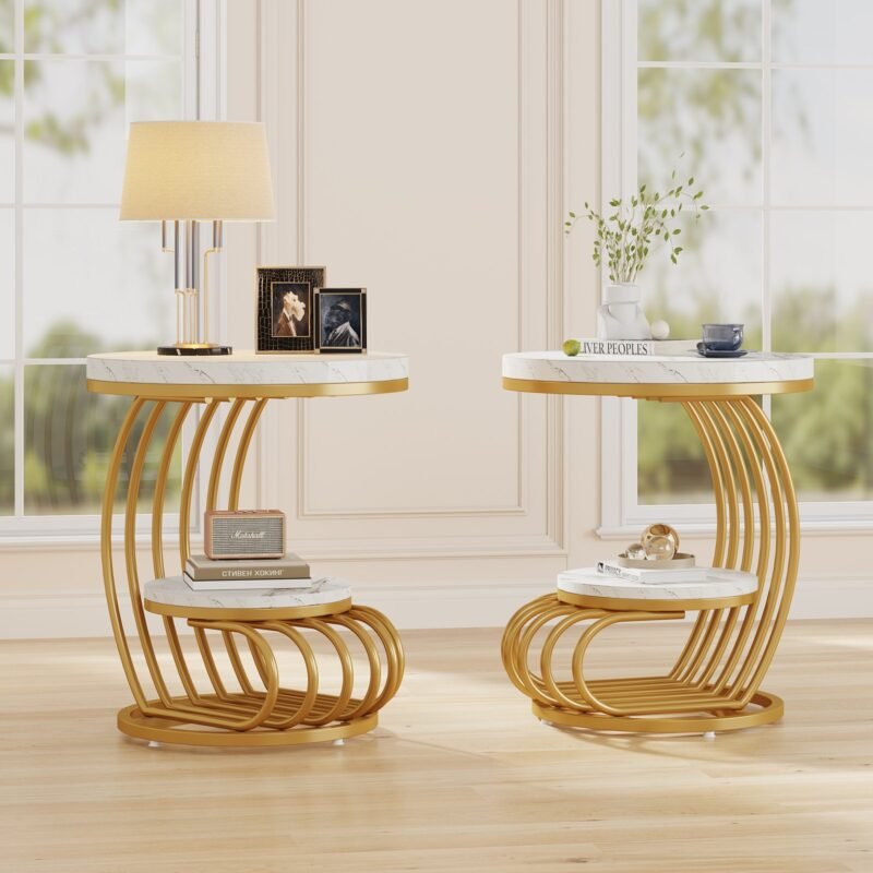 Table d’Appoint Ronde Marbre & Or – Image 2