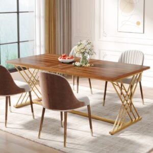 Table à Manger Rectangulaire Bois Naturel & Piètement Doré Croisé