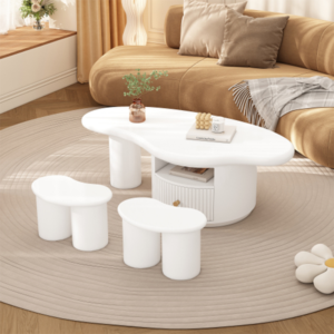 Table Basse Organique avec Rangements & Tabourets
