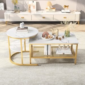 Set de 2 Tables Basses Marbre Blanc & Or