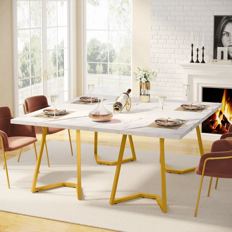 Table à Manger Rectangulaire Marbre & Pieds Dorés Inclinés – Image 3
