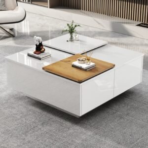 Table Basse Carrée Brillante avec Plateau Bois
