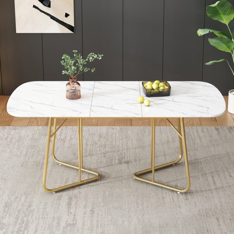Table à Manger Extensible Marbre & Pieds Dorés – Image 2