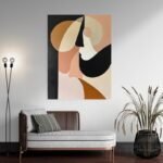 Tableau abstrait minimaliste noir rose et beige