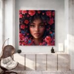 Tableau visage femme fleurs rouges