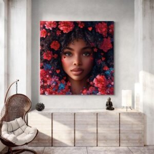 Tableau visage femme fleurs rouges